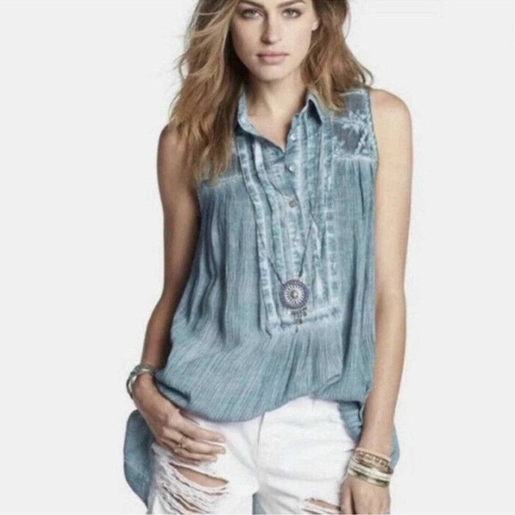 Free People Oversized Gauze Linen Flowy Collared Tank Top - Picture 1 of 7